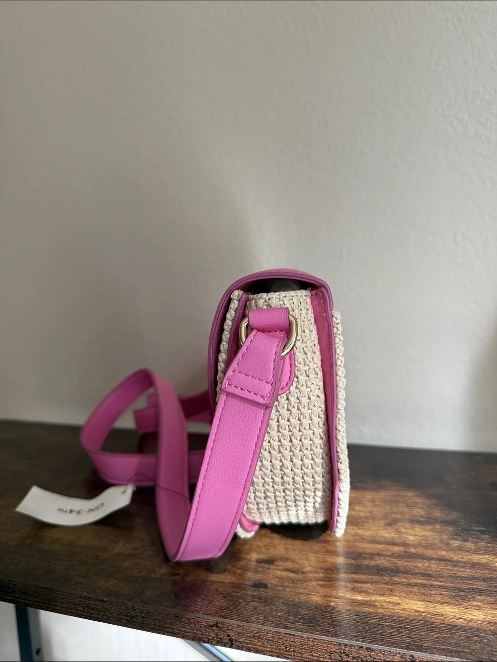 Pink Woven Crossbody Bag with Faux Leather Trim